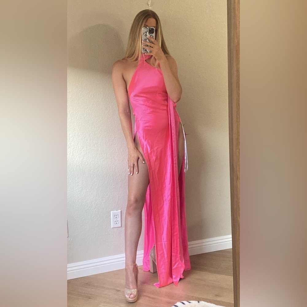 Retrofete Hot Pink Halter Maxi Dress with High Slit